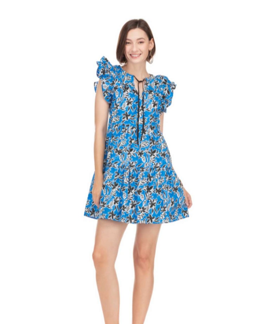 Clothing * | Ruffle Sleeve Cupcake Dress Joy Joy Hot Sell Royal Black Print