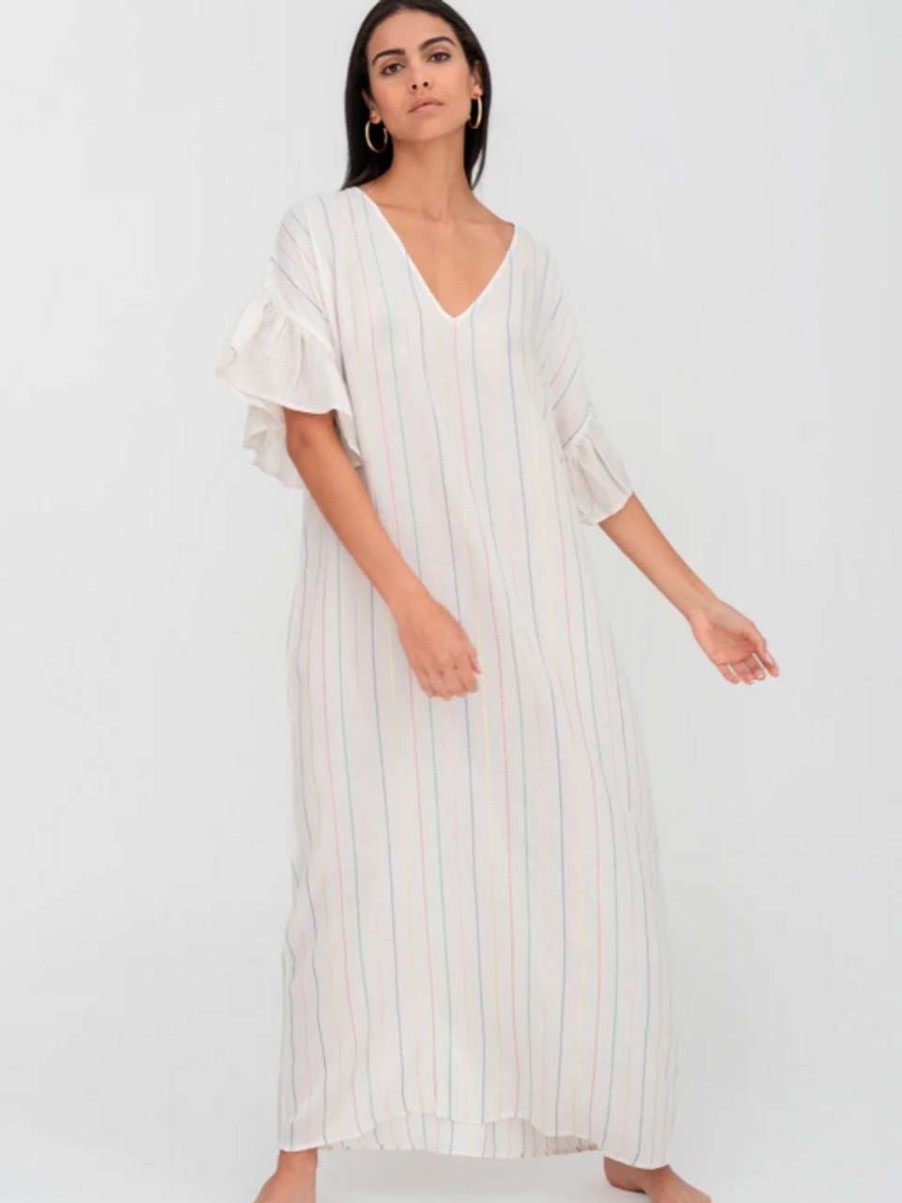 Clothing * | Contrast Ruffle Sleeve V-Neck Dress Pitusa Online White