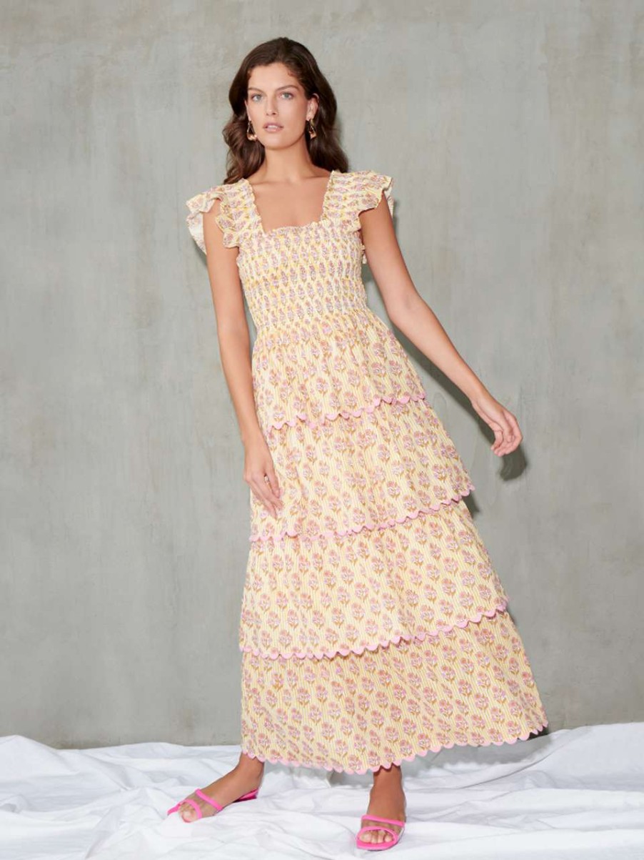 Clothing * | Teodora Block Print Midi Dress Saylor Exclusive Pink Lemonade