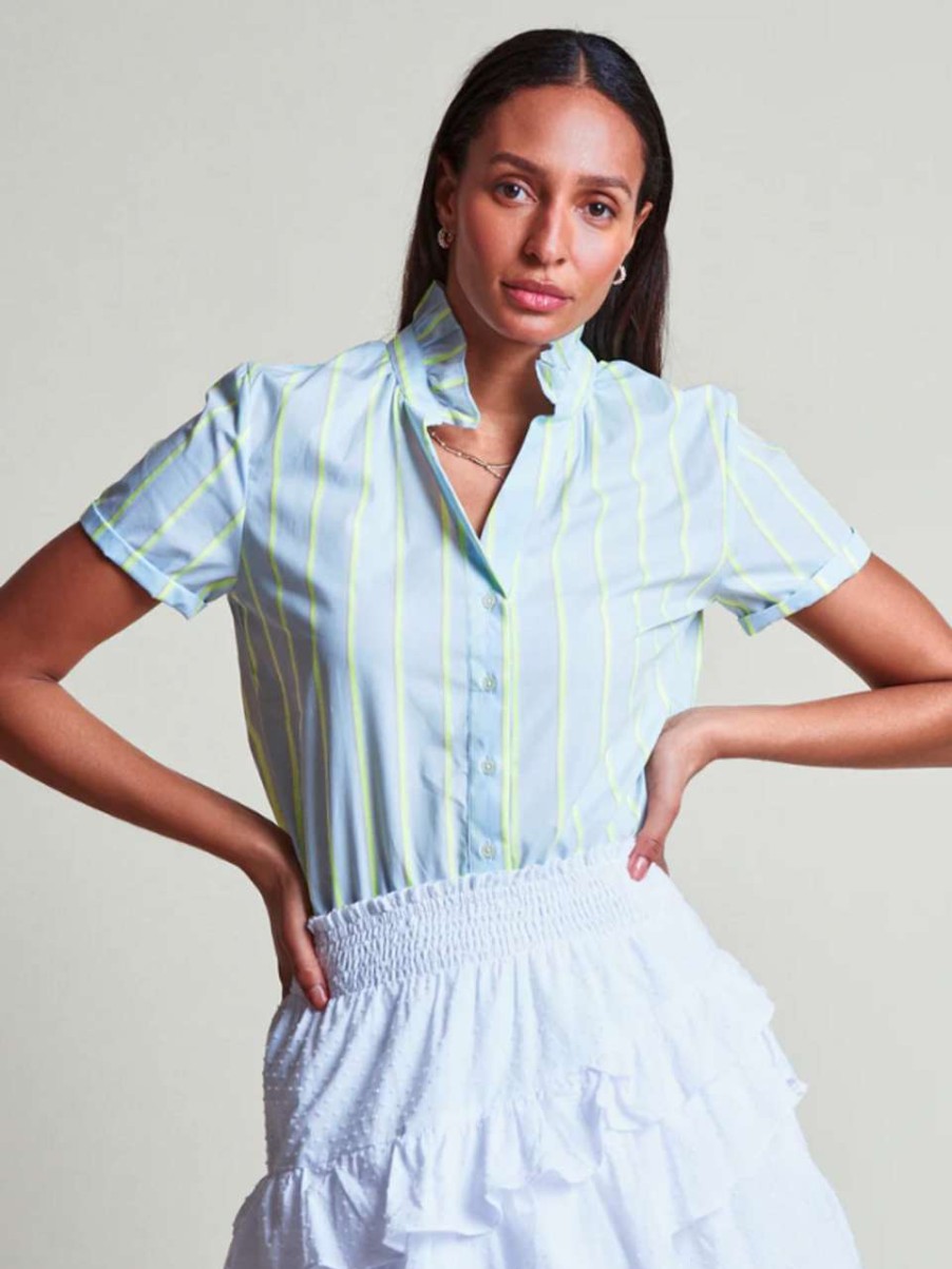 Clothing * | The Short Sleeve Ruffled Collar Shirt The Shirt Quality Guarantee Fluorescent Stripe