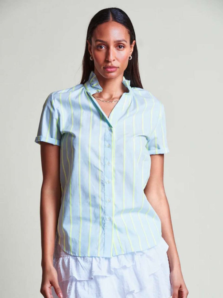 Clothing * | The Short Sleeve Ruffled Collar Shirt The Shirt Quality Guarantee Fluorescent Stripe